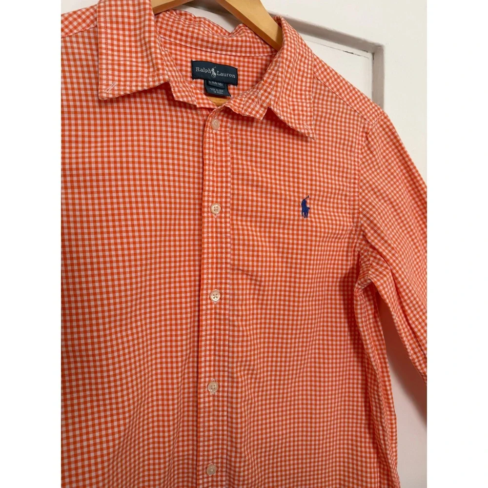 Polo Ralph Lauren Kids Orange Gingham Cotton Button Down Shirt L 14-16 Slim Fit
